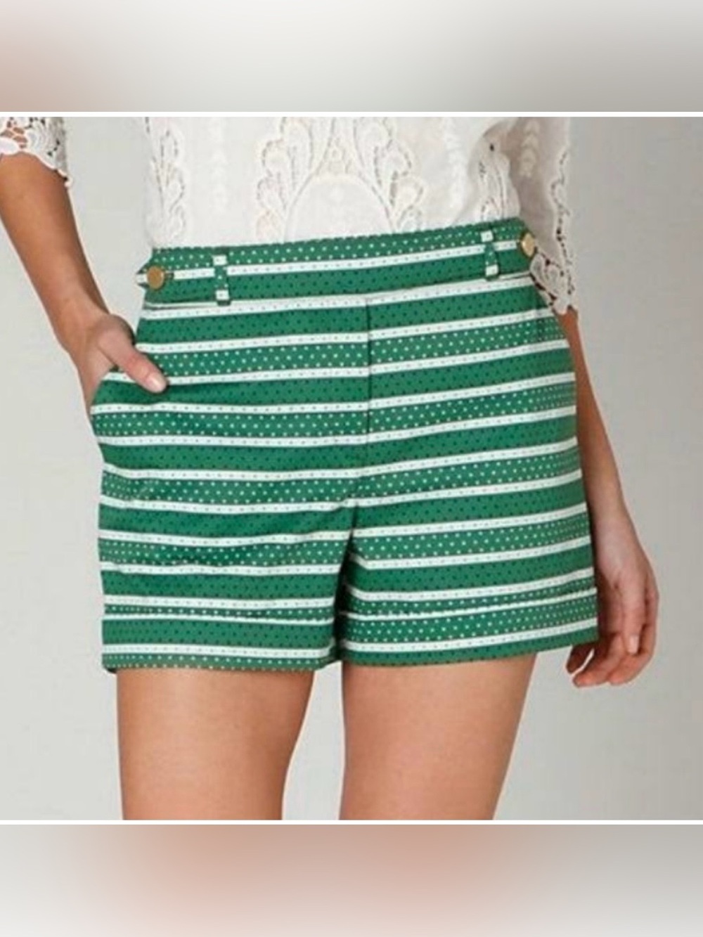 Anthropologie Meadow Rue Madison Shorts Green Polka Dot Stripe Nautical Size 2